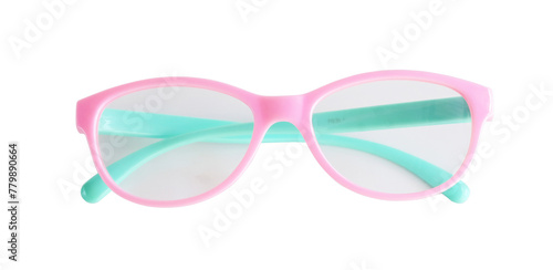 Stylish pink color eyeglasses on white background.