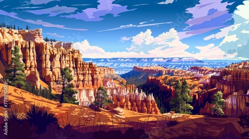 Beautiful scenic view of Bryce Canyon National Park, Utah in the United states of America. Colorful comic style painting illustration.