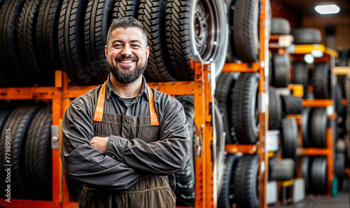 Wallpaper Mural car tire shop owner with tires in the background, man in his 30s looking at the camera, entrepreneur portrait mechanic
 Torontodigital.ca
