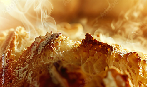 close up on a hot freshly baked bread crust with steam coming out, bakery 