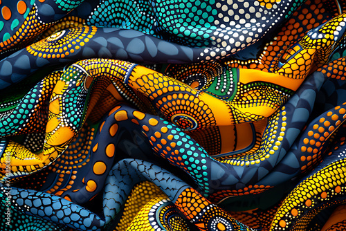 Drapery of African wax print fabric, featuring intricate patterns and a lively color palette