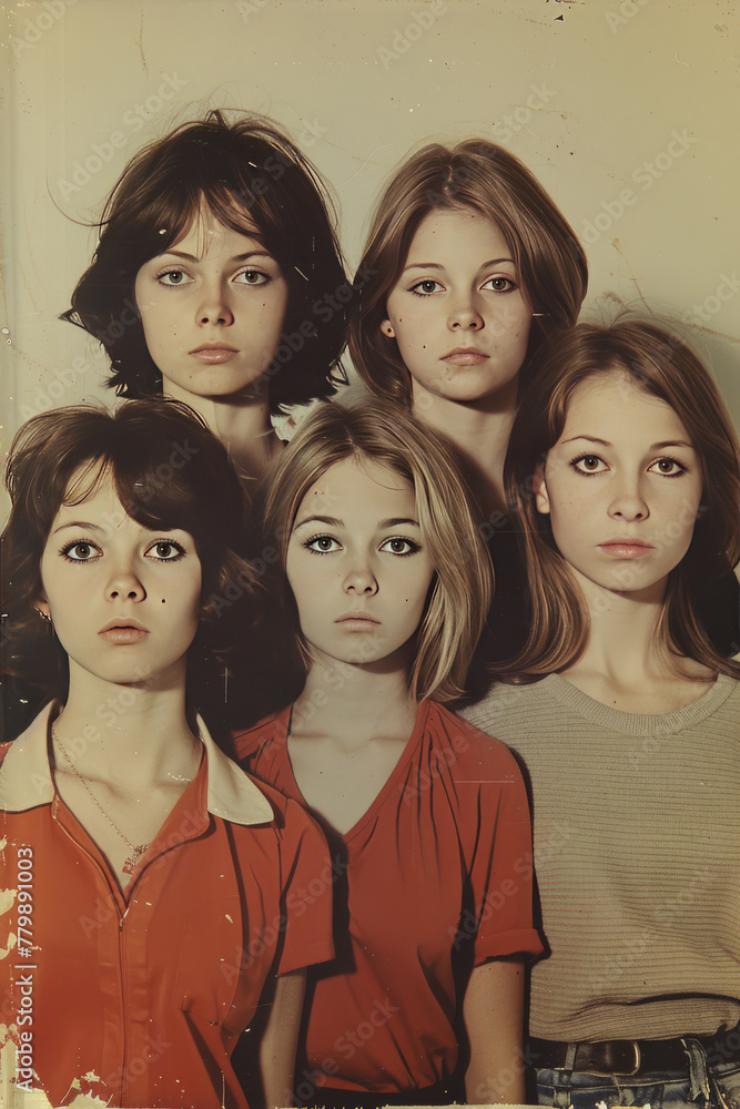 Obraz premium Vintage Portrait of Five Young Women in Casual Wear