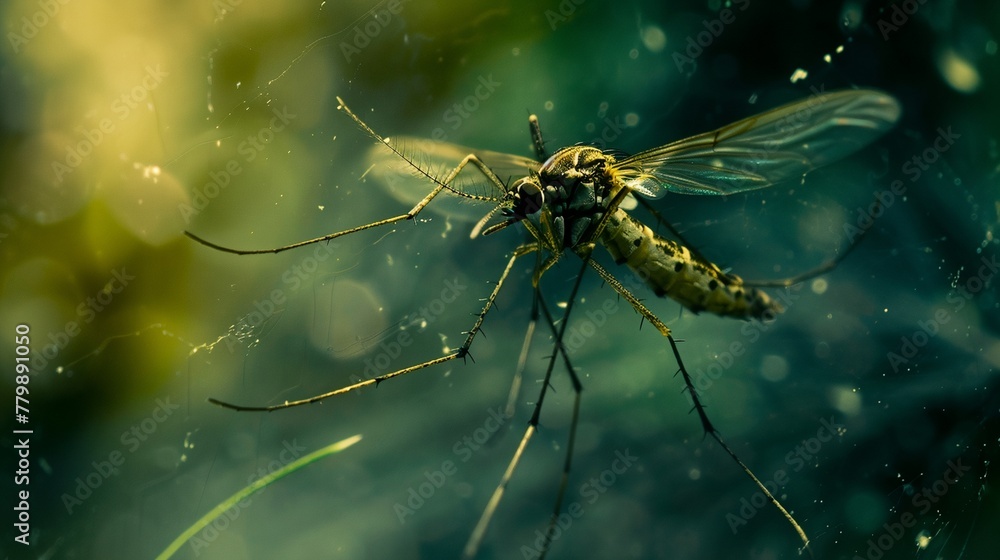 Fototapeta premium a mosquito in a forest with fog and water droplets on its body and legs