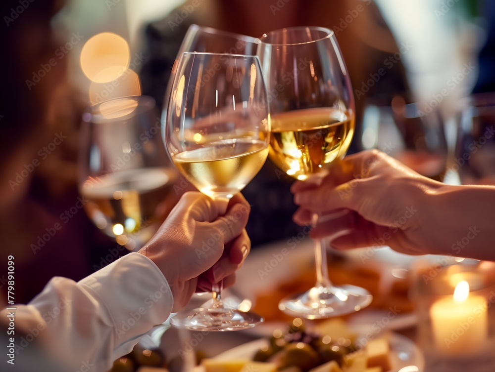 Friends raising their glasses of wine in a toast at a party, celebrating friendship and good times together.