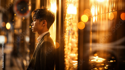 young asian man in a suit seen from the side in a moody golden hour light, emotional portrait with copy space   photo