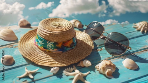 A Straw Hat with Sunglasses on Beach