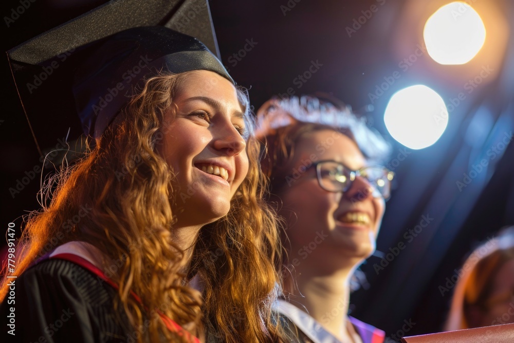 Close-up of a graduate in cap and gown, illuminated with joy at commencement evening. Academic achievement and celebration concept. Generated AI