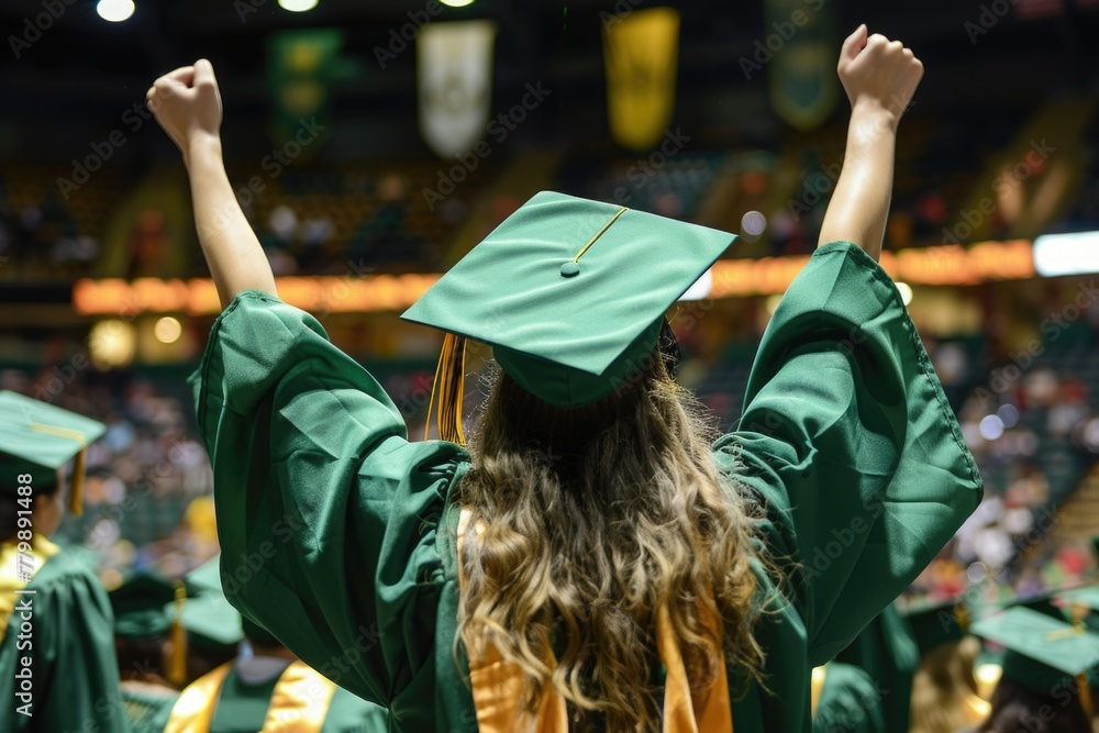 Back view of a graduating student with raised fist celebrating academic ...