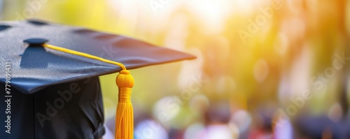 Close-up of a black graduation cap with a golden tassel illuminated by soft sunlight; signifies achievement and education. Generated AI photo