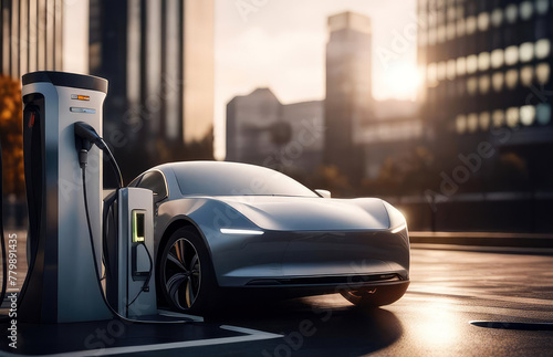 Modern electric car on the charging station.Electric vehicle is an automobile of the future, alternative transportation,clean energy for refueling concept.Generative AI