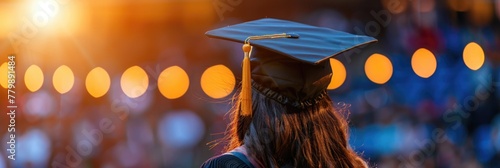 A young graduate in cap facing the crowd at sunset, capturing the joy and pride of academic achievement. Generated AI