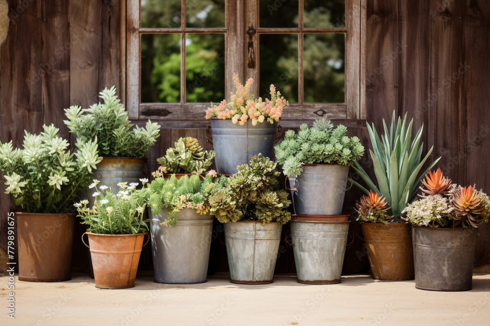 An arrangement of vintage-inspired metal buckets repurposed as plant pots, evoking a rustic vibe.