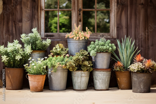 An arrangement of vintage-inspired metal buckets repurposed as plant pots, evoking a rustic vibe.
