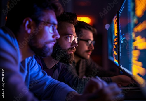 a group of men looking at a computer screen