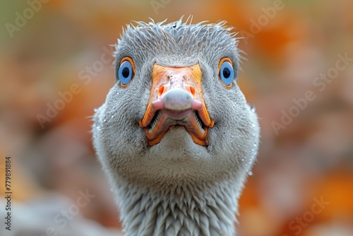 Close-up view of a curious goose with vibrant blue eyes and striking orange beak in a natural setting during the autumn season