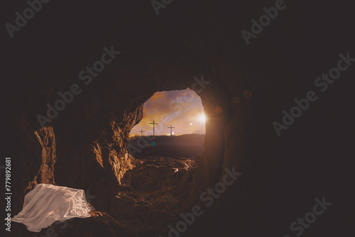 Tomb Empty With Shroud And Crucifixion At Sunrise - Resurrection Of Jesus Christ © Urupong