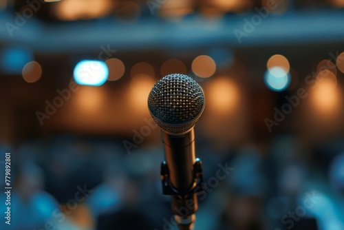A professional microphone awaits the next speaker, with an out-of-focus audience in the backdrop, capturing the anticipation of a live event.