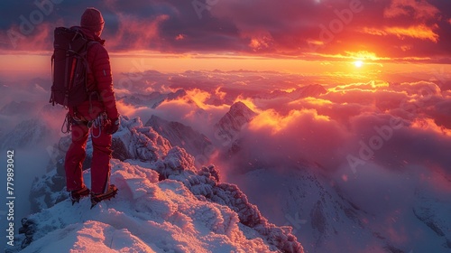 A dramatic vivid photograph of a mountain climber reaching the peak the sunrise illuminating the textured landscape © KN Studio