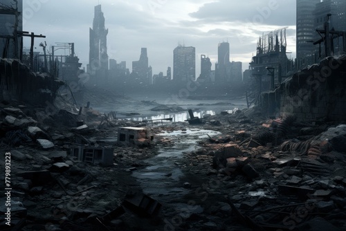 Devastated Ruined city. Ruins damage broken. Generate Ai