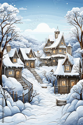 Snow-covered village rooftops coloring page