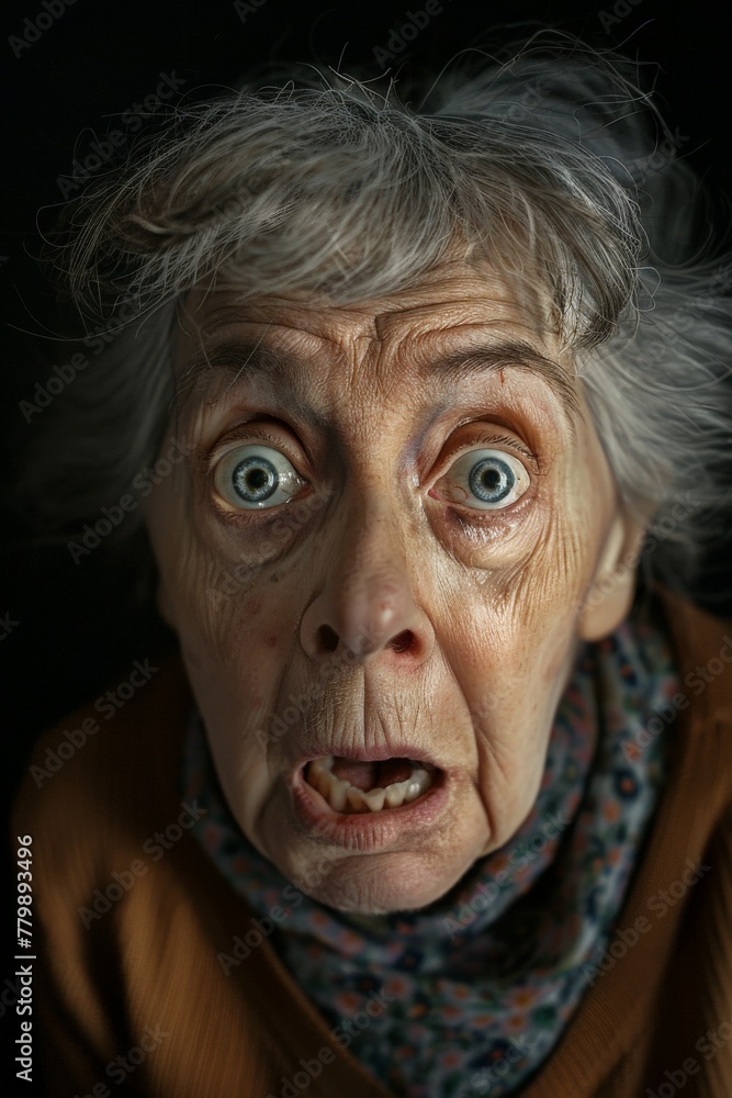 A portrait of an elderly woman with a scared expression. Her eyes are wide and her mouth is trembling. She is frightened and terrified. A portrait of an elderly woman with a scared expression. Her eyes are wide and her mouth is trembling. She is frightened and terrified.