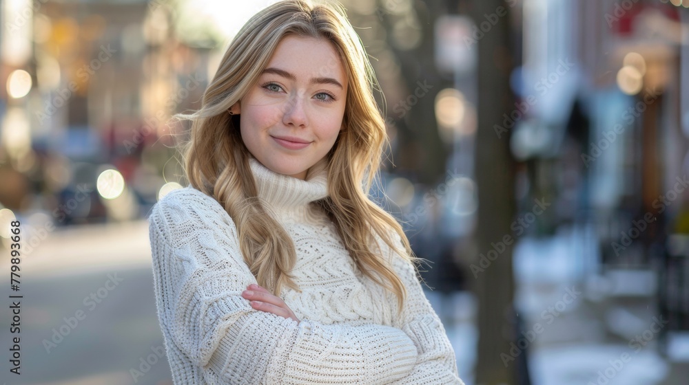 A woman in a white sweater standing on the street, AI