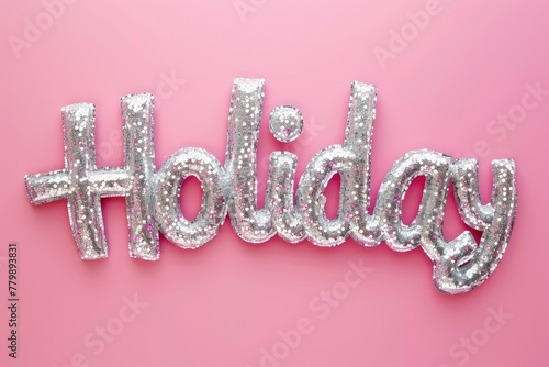 The word 'Holiday' dazzles in lustrous silver glitter against a soft pink backdrop