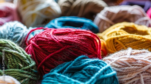 Assorted colorful yarn skeins close-up texture background 