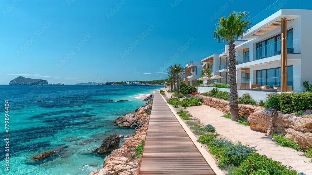 A path in the middle of a paradise resort, with the sea and the beach on one side and some houses on the other