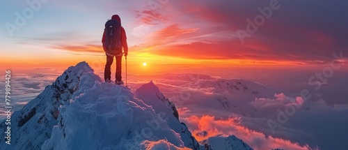 A mountaineer reaching the peak silhouetted against a vivid sunrise long shadows stretching behind