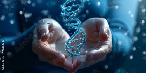 hands presenting a full double helix DNA