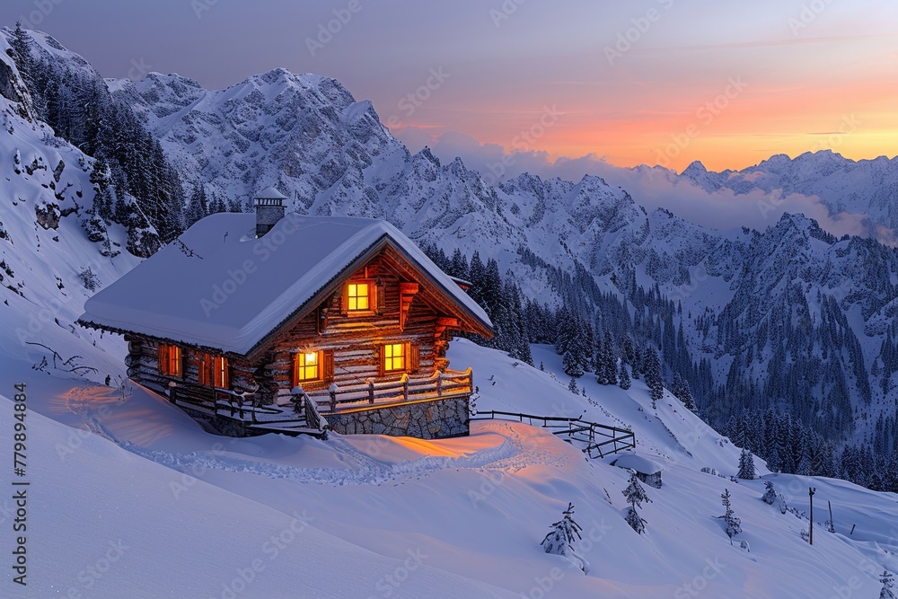 A quiet mountain cabin at dusk its warm lights casting long shadows on the snow creating a vivid textured haven of solitude