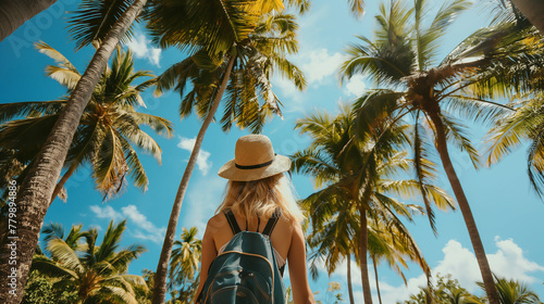 Happy Female Tourist Amid Palm Trees Summer   vacations concept © Daisy