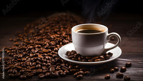Coffee beans background with cup of coffee 