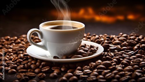 Coffee beans background with cup of coffee 