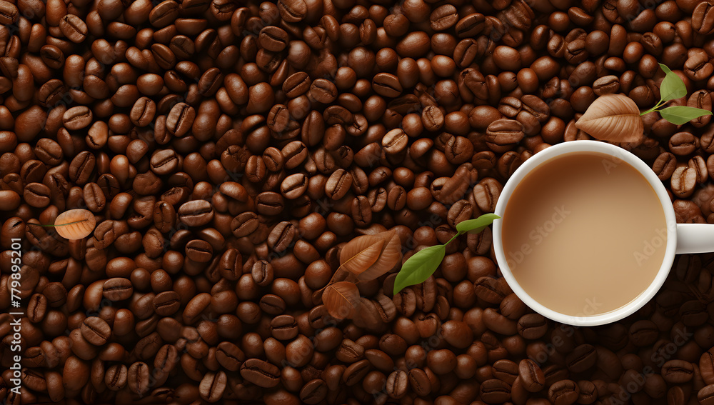 Coffee beans background with cup of coffee top view