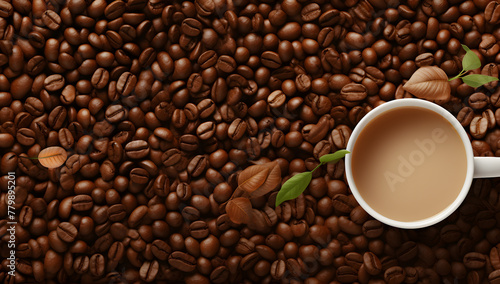 Coffee beans background with cup of coffee top view