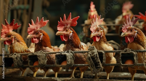 Group of wary brown chickens with red combs and wings, housed in a wood and wire mesh coop photo