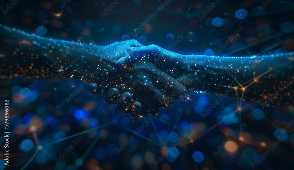 A digital handshake between two people, symbolizing the creation of an AI portrayal in business collaboration. The dark blue background has glowing lights and bokeh effects. In the style of a futurist