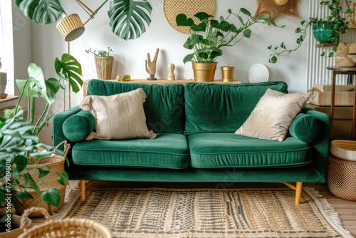 Cozy living room with green velvet sofa and indoor plants