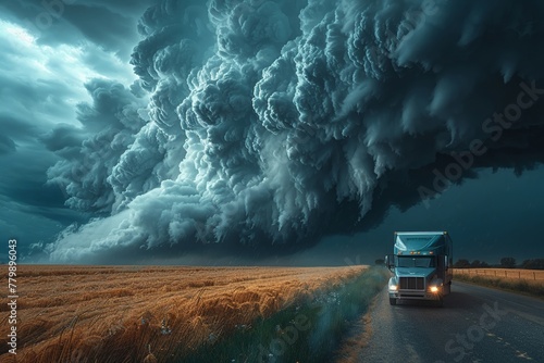 A storm chasers van racing towards a tornado highspeed capture with vivid ominous clouds overhead
