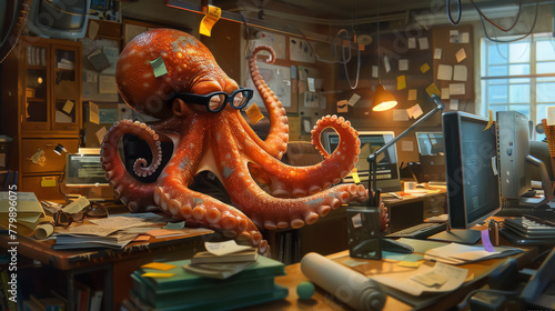 Octopus in an office cluttered with notes, multitasking with tech, in a creative brainstorming scene
