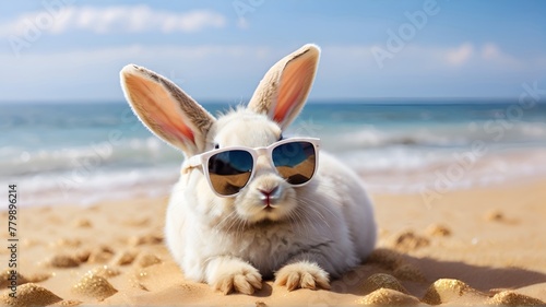 bunny wearing sunglasses on vacation on the beach,  white rabbit and summer sea daytime background with white sand. © Pradeep leo