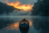 A tranquil canoe trip on a misty morning the water and surrounding nature cast in vivid dramatic lighting