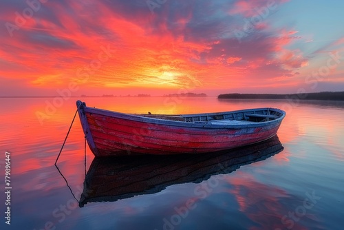 A tranquil scene of a boat on a calm lake at dawn the water and boat illuminated in vivid dramatic contrasts