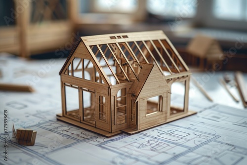 Wooden house frame model on architectural blueprints