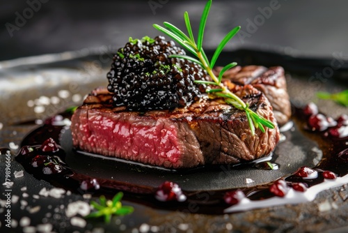 Gourmet fillet steak topped with caviar and fresh herbs on a plate photo