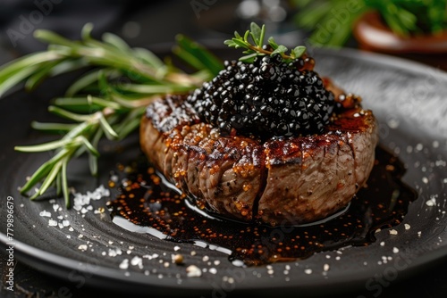 Gourmet fillet steak topped with caviar and fresh herbs on a plate