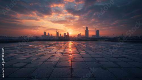 Dawn breaks over an empty city square smooth stone tiles in the foreground with a stunning skyline silhouette against the awakening sky