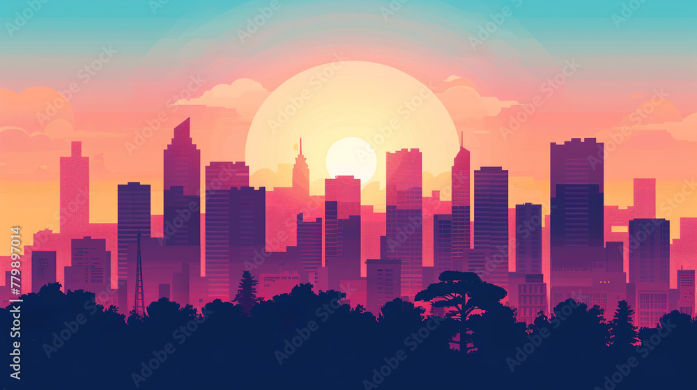 Minimalist cityscape with elongated shadows flat design and a warm sunset background conveying a serene urban end of day Minimalist cityscape with elongated shadows flat design and a warm sunset background conveying a serene urban end of day